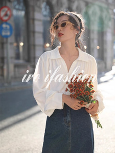 iro ifashion法式复古垂感丝滑白色小众泡泡袖衬衫夏季显瘦衬衣女