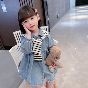 女童秋季连衣裙2022新款韩版甜美可爱条纹搭肩长袖牛仔裙两件套潮