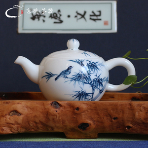 景德镇高端手绘茶具京德贵和祥青花竹鸟茶壶陶瓷中式功夫茶大瓷壶