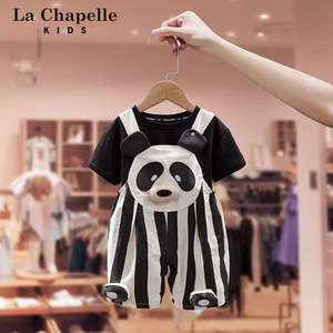 拉夏贝尔童装女童夏季熊猫背带裤短袖T恤两件套儿童小童洋气套装