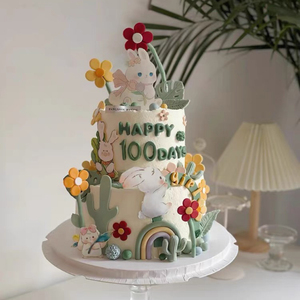 烘焙兔宝宝百天周岁满月甜品台生日蛋糕抱花蝴蝶结花朵大兔子插件