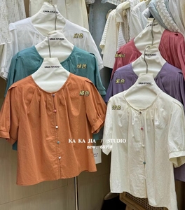 十三行设计感彩色单排扣短袖衬衫上衣女夏季新款韩版宽松显瘦衬衣