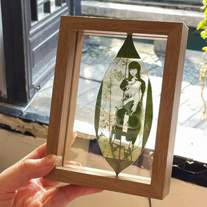 双面玻璃叶雕相框摆台6寸DIY干花树叶雕刻照片标本框透明画框