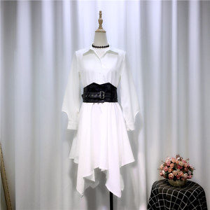 设计感小众轻熟风白色连衣裙收腰显瘦气质腰封衬衫裙两件套女神范