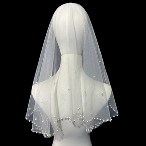 新娘结婚主婚纱头纱超仙森系短款珍珠头纱盖头单层钉珠头纱头饰