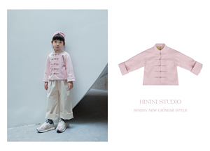 HININI原创设计24新品新中式牛仔粉金属盘扣马褂外套 男女童 亲子