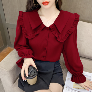 法式娃娃领雪纺衬衫女春装2024年新款红色上衣设计感别致洋气小衫