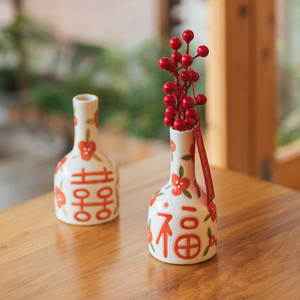 景德镇陶瓷居家客厅中式喜福摆件花瓶礼物祝福手工绘画