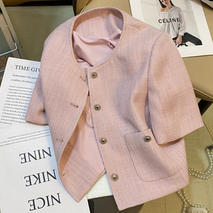 粉色小香风短袖西装外套女2024夏季新款宽松法式高级感休闲小西服