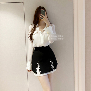HChen韩国官网代购直邮时髦洋气法式浪漫风琴褶撞色珍珠高腰短裙