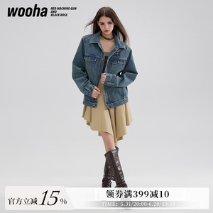 WooHa/吾哈2024春季新款时髦复古经典中长款小翻领牛仔夹克外套女
