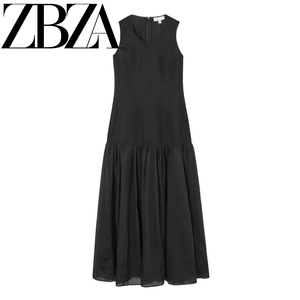ZA夏季新品女装标准版型圆领无袖拼接低腰长裙连衣裙黑1226797001