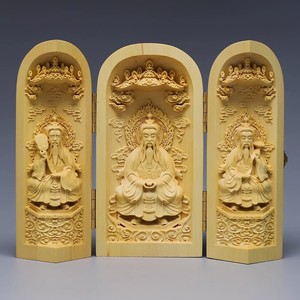 黄杨木雕中式三开盒供奉佛像三清祖师平安镇宅摆件婆娑三圣关公