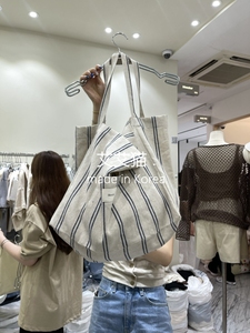 BLEECKER韩国东大门代购2024春季女条纹斜挎单肩手提大容量帆布包