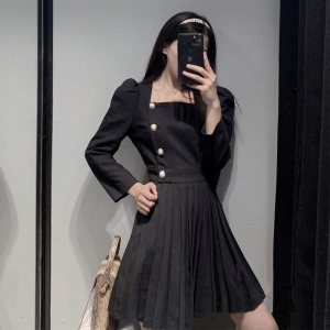 Zara黑色收腰西装连衣裙垫肩方领百褶裙 阿里巴巴找货神器