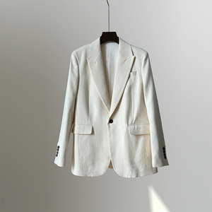 BC24早春新款米白色亚麻混纺翻领西服女单粒扣休闲西装夹克外套！