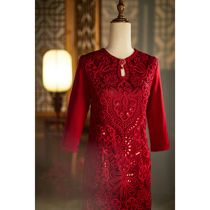 喜婆婆婚宴装秋季结婚礼服中年妈妈酒红色连衣裙旗袍平时可穿长袖