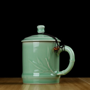 青瓷茶杯陶瓷带盖梅子青家用会议杯送礼高档茶杯足疗店个人定制杯