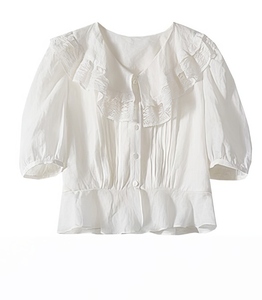 "埃德蒙花园"100苎麻法式少女蕾丝荷叶领白色衬衫