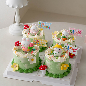 六一儿童节蛋糕装饰卡通小兔子蘑菇摆件61节日快乐烘焙插旗插件