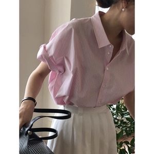 粉色纯棉条纹短袖衬衫女2024春夏设计感法式别致衬衣甜美气质上衣
