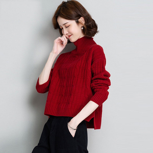 高腰小款红色毛衣高领100%纯羊毛衫女2023年秋冬新款打底衫短款厚