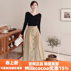 milkcocoa韩国代购2024新款女装春季气质腰带风衣单排扣半身长裙
