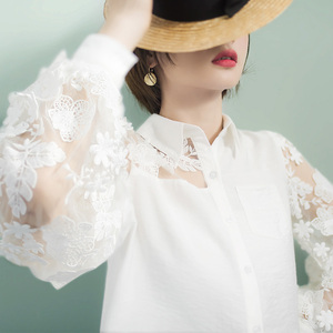 轻熟风轻奢女装设计优雅网纱灯笼长袖立体蕾丝衫拼接上衣白色衬衫
