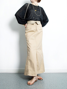 1W9日本贵牌ROPE环保有机 薄弹力斜纹棉/牛仔原色 高腰鱼尾摆半裙
