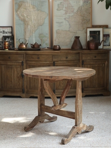 法式乡村侘寂风实木老木头折叠圆桌休闲茶咖啡餐桌子梅拉德色