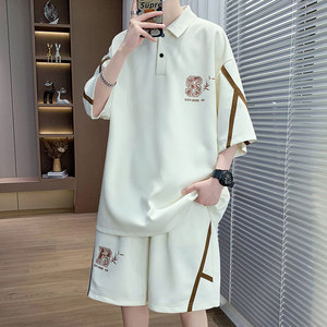 polo衫短袖男夏季休闲运动套装高级感冰丝t恤男生穿搭一整套衣服