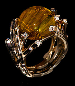 热卖饰品黄色水晶球金色树枝戒指精致时尚款指环A227