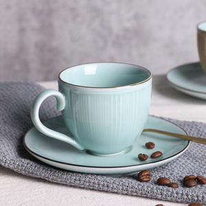 朵古 龙泉青瓷回归自然咖啡杯 带勺带碟茶杯套装 情侣牛奶杯