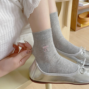 灰色芭蕾风袜子女短袜夏季薄款纯棉无骨袜蝴蝶结短筒袜夏天中筒袜