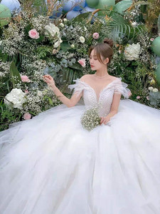婚纱礼服新款2021薄款绑带网纱春季欧美品牌新娘唯美公主蓬蓬裙