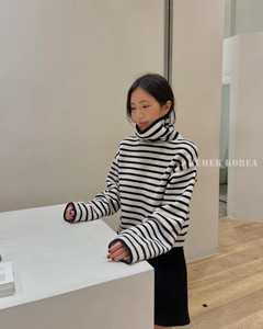 韩国代购 冬季新款 blossom 时尚简洁 经典条纹款 高领毛衣