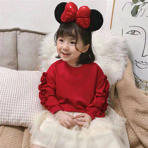 儿女童中国红色长袖卫衣秋新款圆领木耳花边打底衫宝宝纯棉针织衫