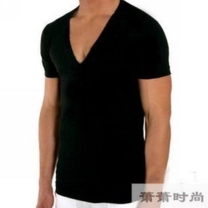 韩版时尚男士大V领短袖T恤 低胸短袖衣修身黑色半袖内搭深v打底衫