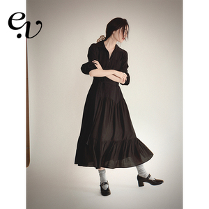 Even Vintage| 春意清冷感 优雅长袖碎褶蛋糕裙连衣裙气质小黑裙