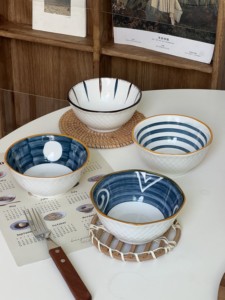 外贸尾单 日式5英寸陶瓷浮雕八角碗 家用米饭碗