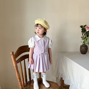 女童套装西装三件套儿童夏装宝宝短袖纯色韩版周岁洋气外出学院风