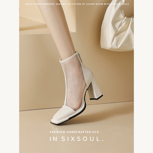 手工羊皮SIXSOUL女款夏季短靴镂空薄款白色凉鞋靴子方头网纱女靴