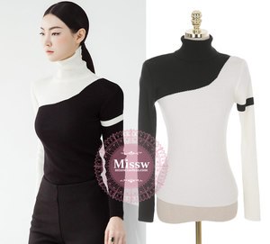 韩国代购优雅名媛时尚气质设计感小众黑白拼色毛衣洋气个性女撞色