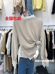 24冬季女装韩国东大门代购the lena蕾丝拼接丝绒衬衫
