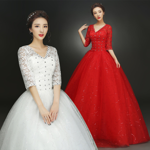 红色婚纱礼服豪华奢侈齐地婚纱2024新款新娘一字肩修身显瘦韩式长