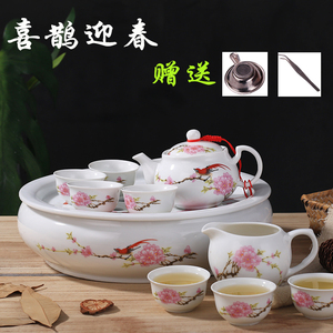 潮汕功夫茶具套装 陶瓷青花圆形大容量茶盘茶壶中式客厅简约家用
