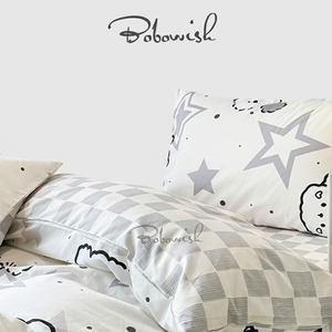 英国BOBOWISH 全棉纯棉四件套ins灰色星星斑点狗床单被套床上用品