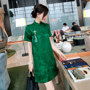 新中式国风旗袍裙女夏季绿色改良版日常短袖A字连衣裙加大码旗袍