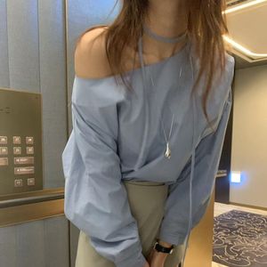 韩国代购东大门女装2024春季新款不规则斜领露肩设计宽松长袖衬衫