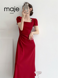 高端定制 短袖红色连衣裙方领法式复古收腰显瘦气质敬酒订婚裙夏